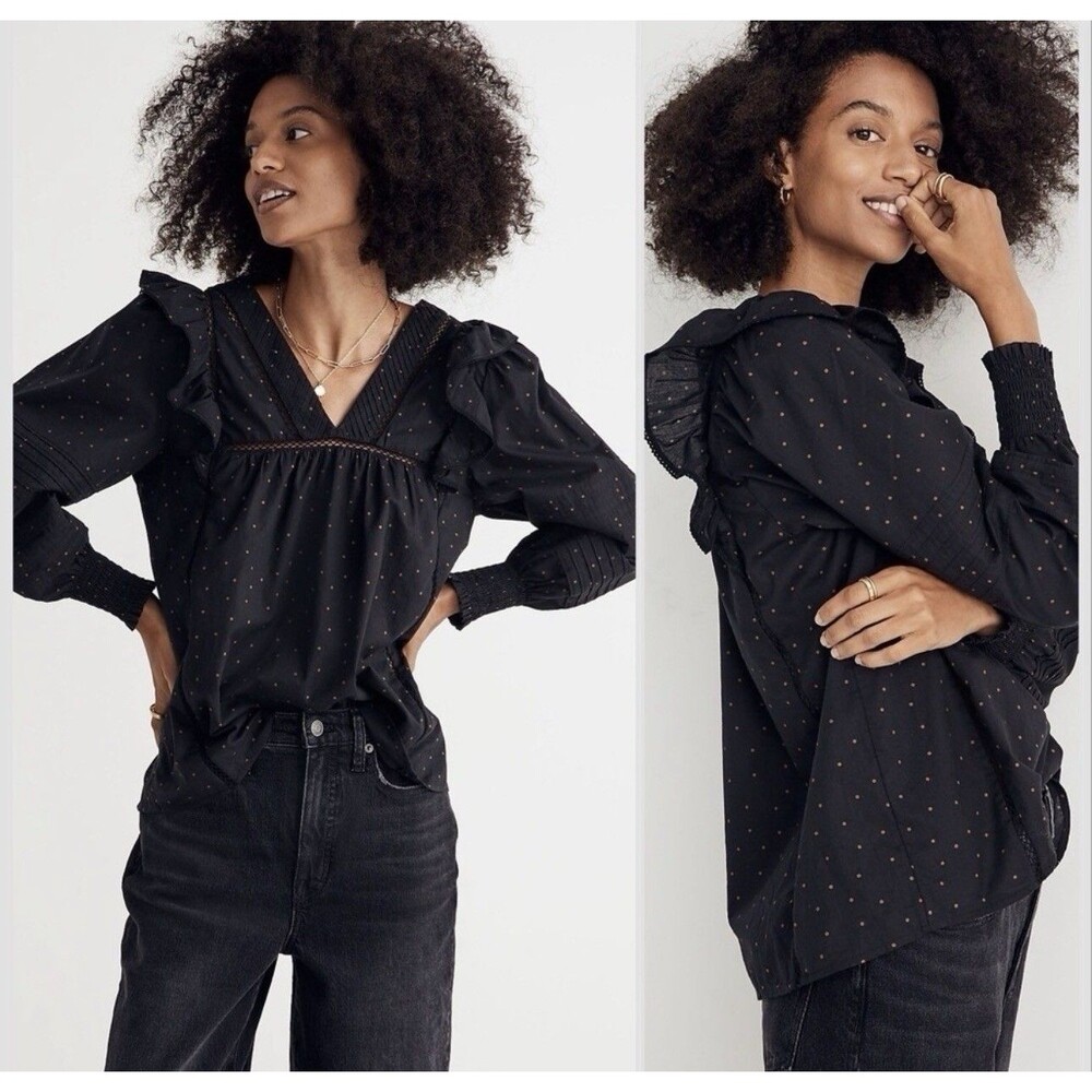 Madewell Voile Ruffled Pintuck Blouse XL Polka Dot Eyelet Cotton Peasant